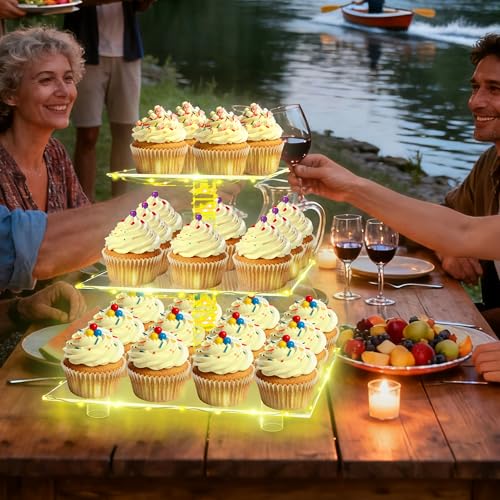 YestBuy 3 Tier Clear Square Cupcake Stand - Premium Cupcake Holder - Acrylic Cupcake Tower Display - Candy Bar Party Décor + LED Light String - Ideal for Weddings, Birthday Parties (Yellow Light) - color: Yellow, size: 3 tier