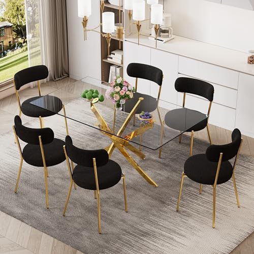 7 Piece Rectangular Glass Dining Table Set, 63'' Modern Kitchen Table Set Gold Base with 6 Luxury Black Gold Boucle Dining Chairs, Dining Table and Chairs for Home, Apartment - color: Golden+black Gold Chairs, size: 63'' + 6 Chairs