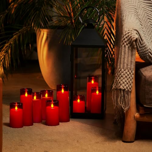 Homemory Christmas Red Flickering Flameless Candles, Battery Operated Acrylic LED Pillar Candles with Remote Control and Timer, Set of 9 - color: Red, 9Pack