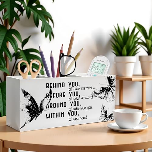 Retro Butterfly Graduation Pencil Pen Holder for Desk, Behind You All Your Memories Wooden Pencil Holder Organizer for Home Office Desk Accessories, Graduation Gifts for Her - color: Color-Desk accessories white 02