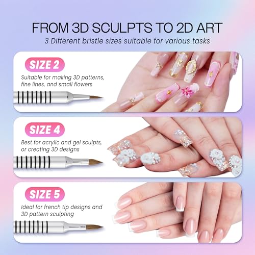 PANA 3D Kolinsky Acrylic Nail Art Sculpture Brush with Silver Metal Non-Slip Grip Handle for Manicures 3D Nail Art Flower Designs (Size #2) - color: Aluminum Silver, size: Size 2