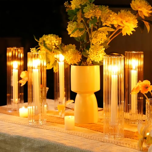 Hurricane Candle Holder Thickened Ribbed Cylinder Covers Taper Candle Sticks Holder Glass Tall Candlesticks Holders Centerpiece for Wedding Dining Table, 4 Pcs - color: Clear Ribbed
