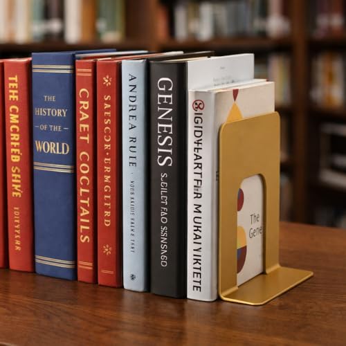 Alessk Dark Matte Gold Bookends for Shelves, Heavy Duty Metal Bookends Supports Heavy Books, Decorative Gold Stops for Home or Office Decoration - 3 Pairs (6 Pieces). - color: Gold 3 Pairs