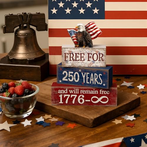 CroBlissful 4 Pcs 250th Anniversary 4th of July Decorations Patriotic Memorial Day Tabletop Decorations America Eagle Red White Blue Table Centerpieces USA Sign for Office Tiered Tray Home Shelf - style: 250 Years