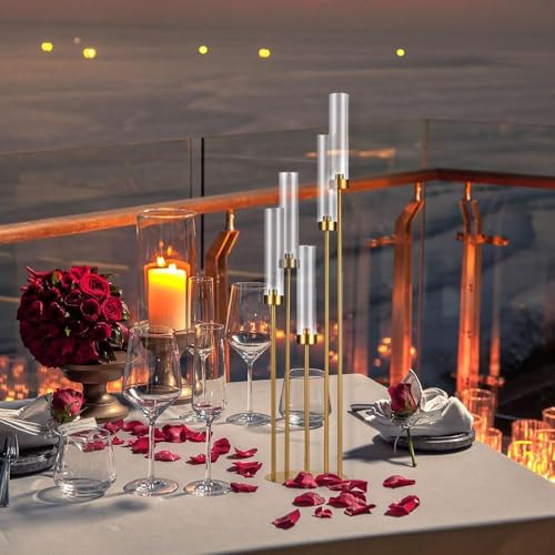 39.4'' Tall Gold Floor Candelabra，Set of 8PCS 5 Arm Candle Holder Tall Floor Candle Holder with Acrylic Lampshade for Wedding Table Birthday Party Home Decoration Fit LED Taper Candles - color: Gold, size: 8pcs