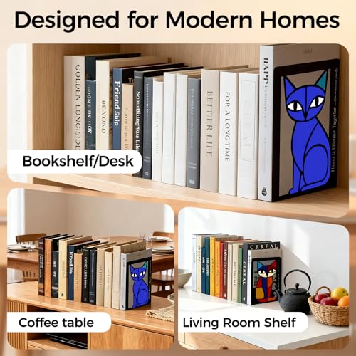 GUSFREUD Metal Cat Bookends Set of 2 – Decorative Cat Metal Book Ends for Shelves, The Mewsons Family Collection, Modern Cat Bookends for Living Room, Office & Bedroom