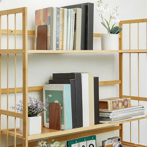 Eaasty 4 Pairs Wooden Bookends for Heavy Books, Walnut Wood Book Holders, Sturdy Non-Skid Book Stops for Shelves and Office Desk, 5.2 x 3.2 x 4.2 Inches