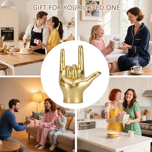 Gold Resin Rock On Hand Gesture Statue - Modern Office Desk Decor & Home Shelf Accents - Rock Culture Music Lovers' Decorative for Living Room, Bookshelf, 6.89"