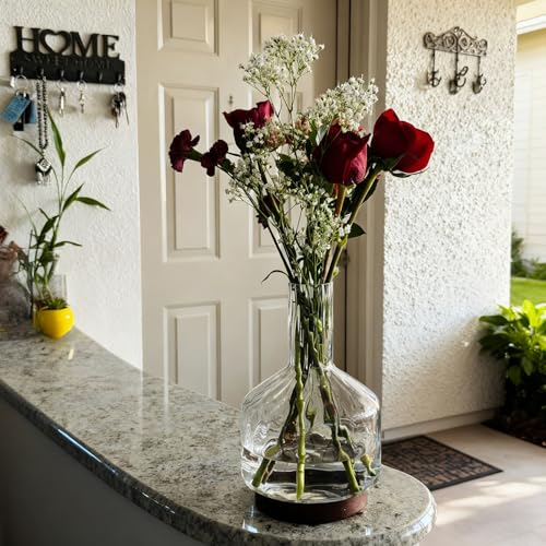 Clear Glass Vase Flower, Rippled Flower Vases with Wooden Base, 10-inch Modern Round Vases, Suitable for Living Room, Dining Room... (10in) - size: 10in