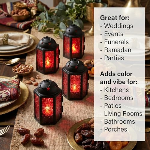VELA LANTERNS Mini Moroccan Tea Light Candle Holder Lanterns – 4.25" Small Decorative Lantern for Table or Hanging, Metal with Glass Panels – Ramadan, Wedding, Home Decor, Ruby Red (Set of 4) - color: Ruby Red
