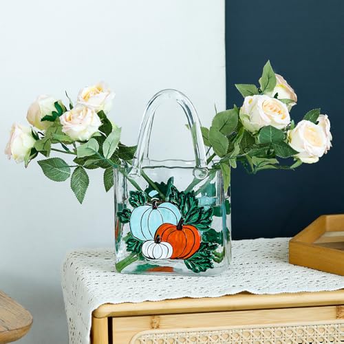 Glass Wallet Vase, Hand Painted Embossed Tote Bag with Handle, Thick Clear Glass Vase for Centerpiece, Fish Tank, Cute Home Decor Gift (Blue Pumpkin) - color: Blue Pumpkin
