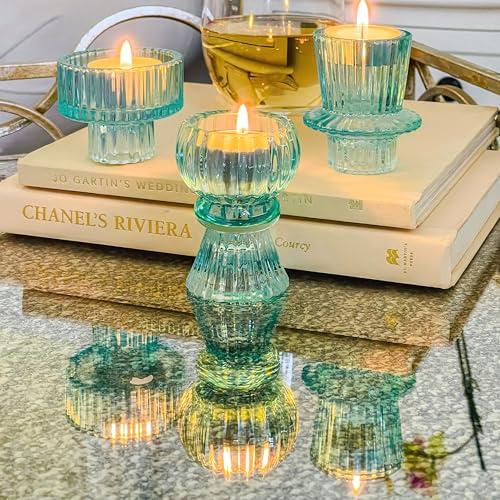 Kate Aspen Vintage Ribbed Glass Black Candlestick Holders, Pillar Candle, Tealight & Votive Candle Holders (Set of 6, 3 Assorted Sizes), Dining Table Decor, Shelf Decor, Centerpiece - color: Blue