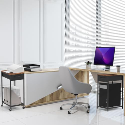 Computer Tower Stand PC Tower Stand with Storage Drawer 2 Tier Wood Rolling CPU Holder Stand Mobile Printer Cart on Wheels for Home Office, Industiral Brown and Black - color: Brown