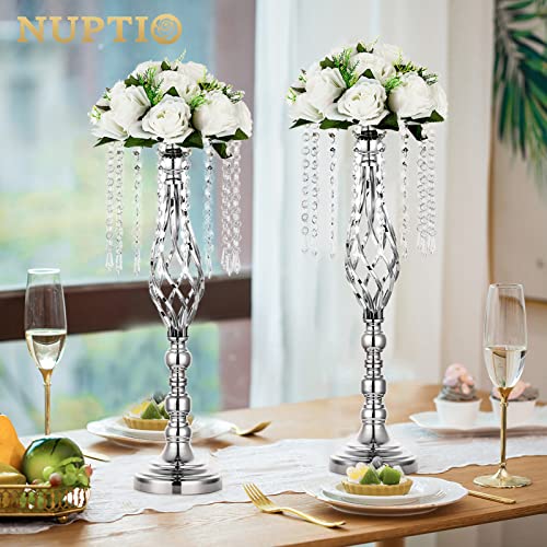 Nuptio 10 Pcs Silver Wedding Centerpieces Flower Stand, 21.7in/55cm Height Wedding Road Lead Flower Vases, Crystal Artificial Flower Arrangements for Wedding Party Birthday Event Reception Home Decor - color: Silver, size: Large - 10 Pcs