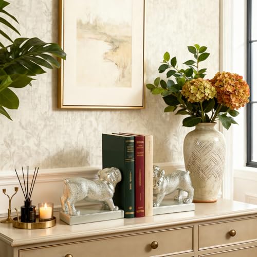 Decorative Bookends for Shelves, Dog Book Ends for Heavy Books, Bulldog Statues Bookends for Heavy Books with Anti-Slip Base Book Holders for Home Office Decor (Silver) - color: Silver