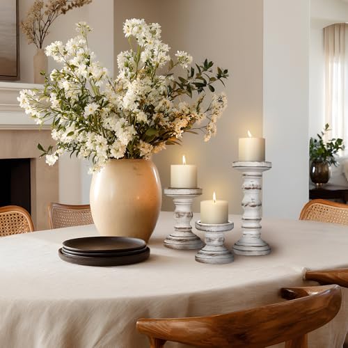 Candle Holder for Pillar Candle Set of 3, Farmhouse Wood Candle Holder, Rustic Wooden Candle Stand, Vintage Tall Candle Stand Decorative for Living Room, Table Centerpiece,White - color: Retro White