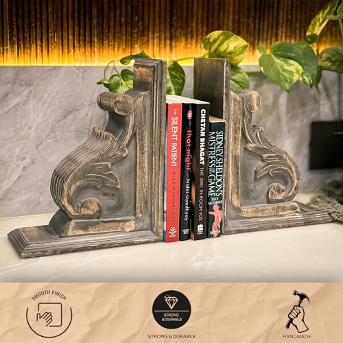 Vintage One Pair of Distressed-Finish Wooden bookends with a Carved Pattern, Perfect for Shelves, Heavy bookends for Books, and Modern Accent for Living Room,Office (Rustic Grey) - color: Rustic Grey