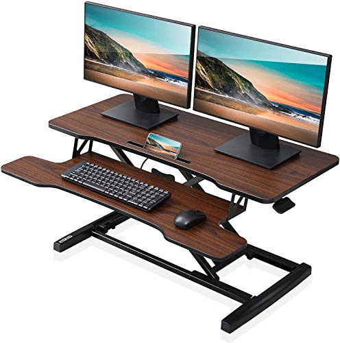 FITUEYES Height Adjustable Standing Desk 36” Wide Sit to Stand Converter Stand Up Desk Tabletop Workstation for Laptops Dual Monitor Riser Brown SD309102WE - color: Brown