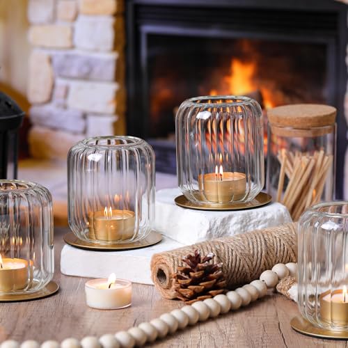 HAVITI 4 PCS Votive Candle Holders, Clear Tealight Candle Holder Glass & Metal Base Lantern Style, Vintage Tea Light Candle Holders for Table Centerpieces, Wedding, Home Decor