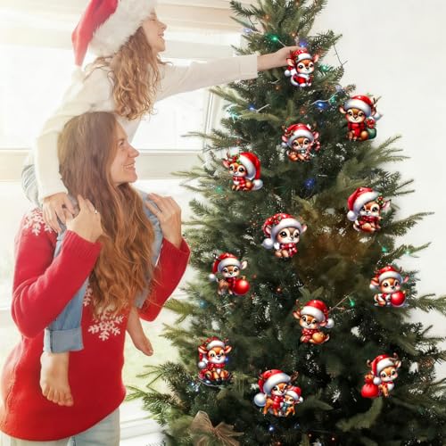 12 Pcs Cute Christmas Deer Hanging Ornaments Adorable Reindeer Figurines with Santa Hats & Festive Elements Acrylic Hanging Decor for Xmas Tree Christmas Holiday Party Home Decor Accessories - color: Style 5