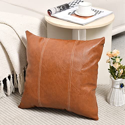 Fancy Homi 2 Packs Boho Brown Waterproof Faux Leather Decorative Throw Pillow Covers 18x18 Inch for Outdoor Couch Bed Sofa, Hand Stitched Accent Square Cushion Case, Rustic Modern Farmhouse Home Decor - color: Brown, size: 18" x 18" (Pack of 2)