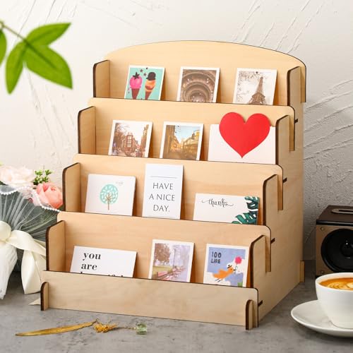Wonderjune 2 Pcs 4 Tiered Greeting Card Display Stand Portable Sticker Display Stand for Vendors Wooden Collector Card Rack Wood Holder for Postcard Photos Bookmark Trade Shows Retail Counter