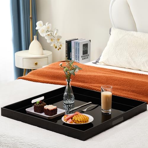 22×22 inches Oversized Black Acrylic Ottoman Tray Extra Large Decorative Tray Spill-Proof Serving Trays with Handles King-Size Safe Edge Organizer for Coffee Table Countertop Breakfast - color: Glossy Black, size: 22" x 22" x 2"