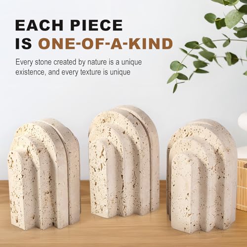 Natural Marble Book Ends - Heavy Duty Bookends for Shelves - Aesthetic Layered Arch Design Stone Book Holders, Unique Modern Office Bookshelf Stopper Decor for Books/CDs(Travertino Turkey) - style: Arched-Beige