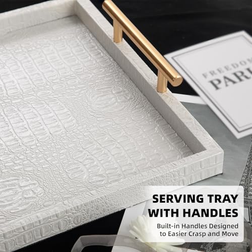 Modern Elegant Large Wood Serving Tray, Set of 2 Pearl White Crocodile Leather with Gold Polished Metal Handles, Home Decorative Rectangle Ottoman Platter Living Room Bathroom Vanity Tray - color: White