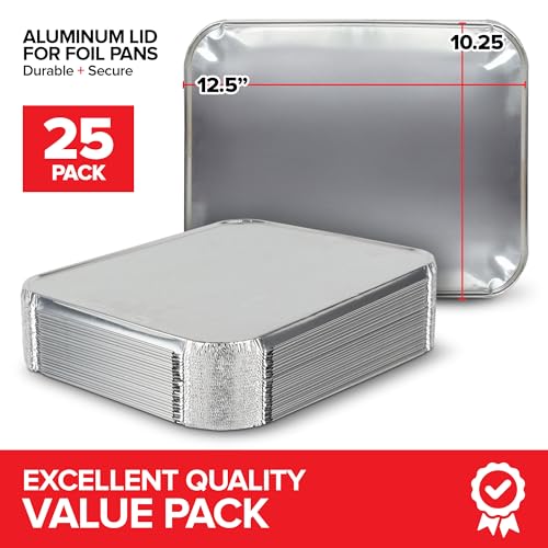 9x13 Disposable Baking Pan Covers (25 Pack) Heavy-Duty Aluminum Cake Pans Lids, Sturdy, Sealable Covers for Food Containers, Leak-Free + Safe Transport & Storage For Catering, Stock Your Home - size: 25 Lids