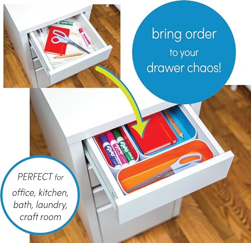 Three by Three Seattle 5 Piece Metal Organizer Tray Set for Storing Makeup, Stationery, Utensils, and More in Office Desk, Kitchen and Bathroom Drawers (1 Inch, Gray, Sky Blue, Orange) - color: Gray, Sky Blue, Orange, size: 5 Piece