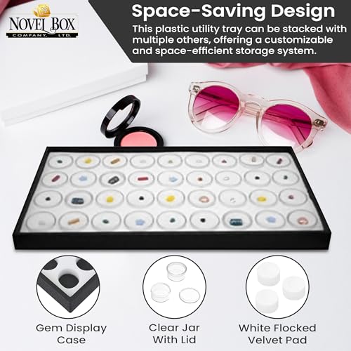 Novel Box Jewelry Display Tray Black Wood 8.25 x 14.75 x 1 Large Jewelry Tray with 36 Gem Jars Insert | Rectangular Display Trays for Collectibles | Rock Collection Tray | Gem Display Tray - color: 36-Gem Jars White Foam Liner, size: Wood Tray: 8.25 x 14.
