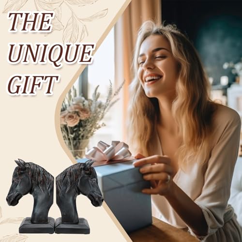 Set of 2 Horse Head Bookends Brown Antique Heavy Duty Book Ends Resin Decorative Art Bookends for Derby Day Vintage Home Office Desk Decoration Horse Lovers Gifts - color: Brown