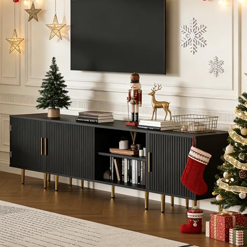 Housoul 71" TV Stand for 50/60/70/80 inch TV, Modern TV Stand for 75+ inch TV, Entertainment Center for Up to 80" TV, TV Media Stand with Storage Cabinet for Living Room, Bedroom, Black - color: Black, size: 71" L