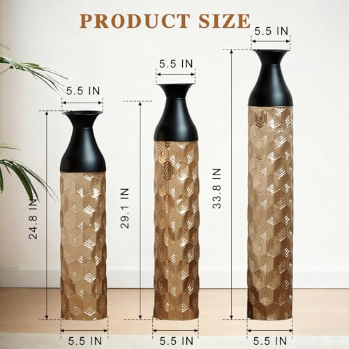 Floor Vases, Tall Home Decor Metal Vase Set of 3 Large Glazed Decorative Vases for Wedding Decor, Elegant Modern Flower Holder for Living Room, Entryway, Hallway, Dining Room - color: Hexagon Black Gold