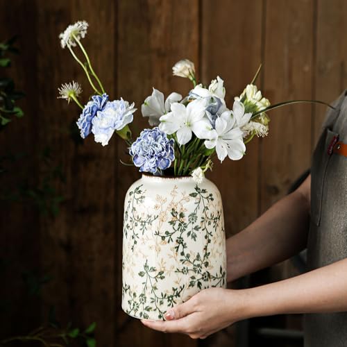 Ceramic Flower Vase | Green Rustic Farmhouse Vase for Home Decor, Vintage Floral Pottery Tuscan Decorative Vase for Living Room & Kitchen, Mantel & Bookshelf, Centerpieces, Entryway, Wedding(7.8 Inch) - color: 11-green and Beige
