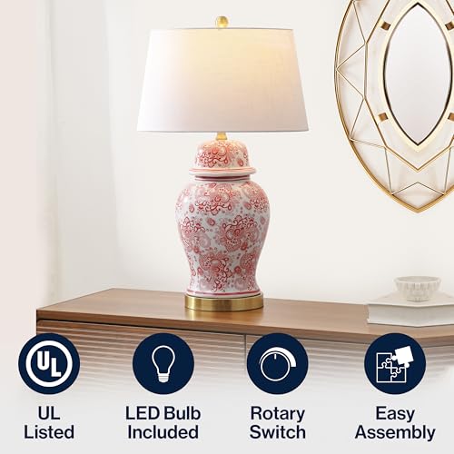 JONATHAN Y 29.5" Red/White Ceramic Table Lamp for Living Room and Office, White Linen Drum Shade, Traditional Chinoiserie Ginger Jar Lamp, LED Bulb Included (JYL3008C) - color: Red/White