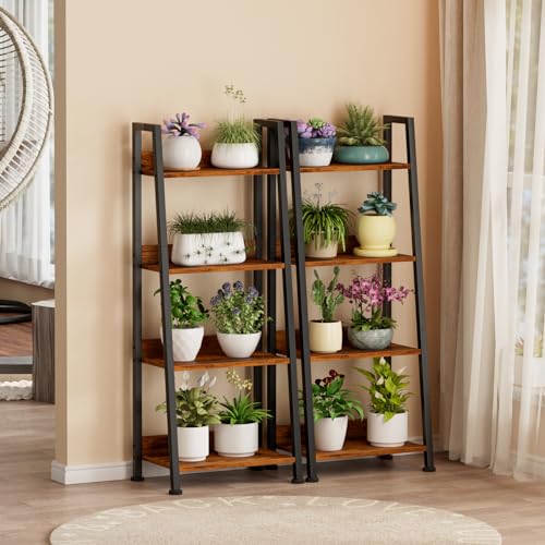 Furologee 4-Tier Ladder Shelf, Ladder Bookshelf with Removable Drawer, Rustic Bookcase Storage Rack Organizer, Wood Metal Freestanding Storage Shelves for Living Room, Home Office, Bedroom, Kitchen - color: Rustic Brown, size: 4-Tier, 15" W