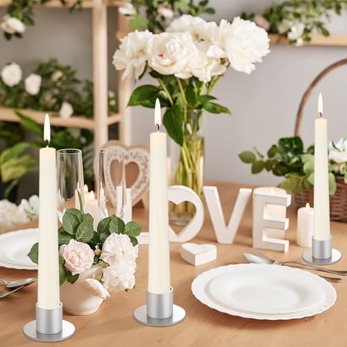 FoldTier 24 Pcs Silver Taper Candle Holders Bulk for Pillar Candles Metal Short Candlestick Holder Silver Centerpieces Decoration for Christmas Thanksgiving Anniversary Dinner Party - color: Silver