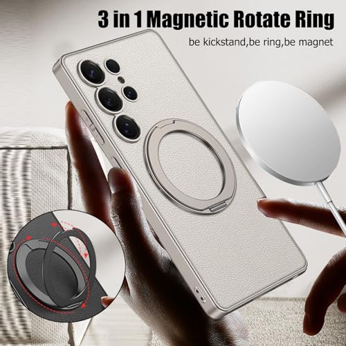 Leather Case for Samsung Galaxy S25 Ultra with Kickstand Magnetic Ring, Compatible with Wireless Charging, Invisible Stand Luxury Slim Protective Shockproof Cover for Samsung S25 Ultra (Beige) - color: Beige