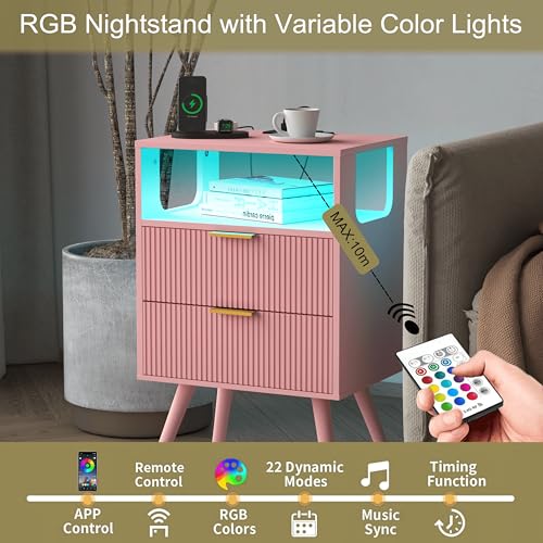 JOONEE Pink Nightstand with Charging Station and LED Lights,Modern Bedside Table with 2 Storage Drawer and Open Wood Shelf, for Bedroom and Small Spaces,Night Stand with Solid Wood Legs,Pink - color: Pink
