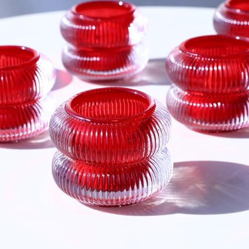 Woho Ribbed Glass Votive Candle Holders Set of 6, Red Tealight Candle Holder for Wedding Table Decor, Vintage Tea Lights Candle Holder for Christmas/Valentines Day Decorations (Red, 2.1" H X 2.75" D) - color: Red