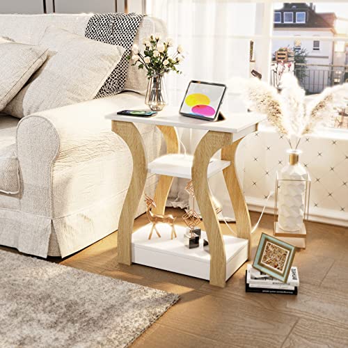FROMJBEST End Table with Charging Station, Side Table with USB Ports and Outlets, Nightstand, 3 Tier End Table with Storage Shelf for Living Room, Bedroom (White) - color: White