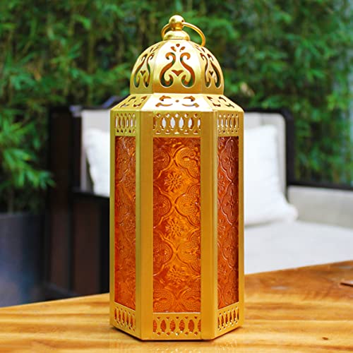 CVHOMEDECO. Decorative Candle Lantern Moroccan Lanterns Vintage Golden Metal Lantern Holder for Home Patio Outdoor Decor. Amber Glass, Medium - color: Amber G