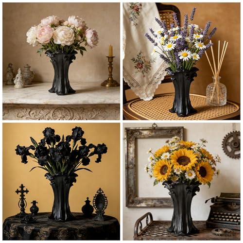 Vintage Gothic Ceramic Vase, 8.74×6.46×5.63inches, Matte Black Flower Vase for Red & Black Roses,Dark Academia Witchy Aesthetic Vase for Bedroom Living Room Dining Table
