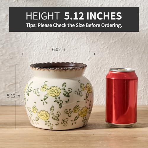 SIDUCAL Ceramic Yellow Rose Floral Vase with Wide Mouth Lace, 4.84 Inch Cracked Chinoiserie Rustic Farmhouse Vases, Pastoral Retro Vase for Home Decor, Table, Living Room, Bathroom, Shelf, Wedding - color: 18967-yellow Rose