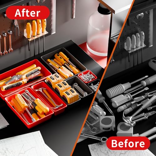 [5 Sizes] [69 PCS] Tool Drawer Organizer, Desk Tray, Rolling Chest, Toolbox (Black+Red) - color: Black+Red