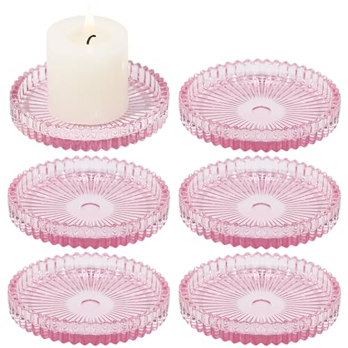 Glass Pillar Candle Holder, 4" Pink Candle Plates Set of 6, Glass Candle Holders for Wedding, Party, Holiday, Home Decor, Table Centerpiece - color: Pink, size: 6 pcs
