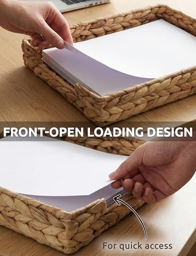 Demigo Water Hyacinth Letter Tray - Desk Organizer & Paper Basket for Mail, A4 File - Sturdy Woven Storage, File Holder with Metal Frame, Rustic Boho Office Decor & Magazine Sorter