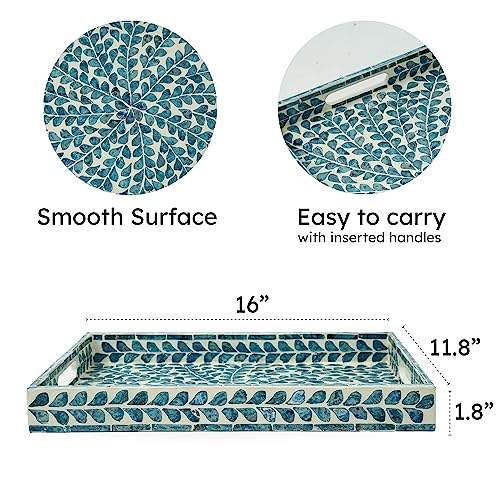 CLAYNIX Serving Tray 15.7" X11.8", Lacquer Mother of Pearl Inlay Mosaic Tray, Rectangle Wooden Marble Tray with Handles Trays for Tea, Breakfast in Bed, Table (Blue) - color: Leaf Style